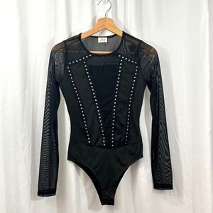 Blue Buttercup Women's Black Bodysuit, Sheer, Silver Studs, BodyCon, Size S